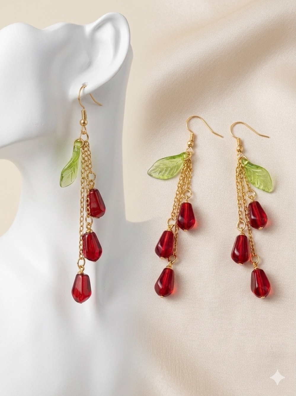 Handcrafted pomegranates Seed Drop Earrings with Green Leaf Accent